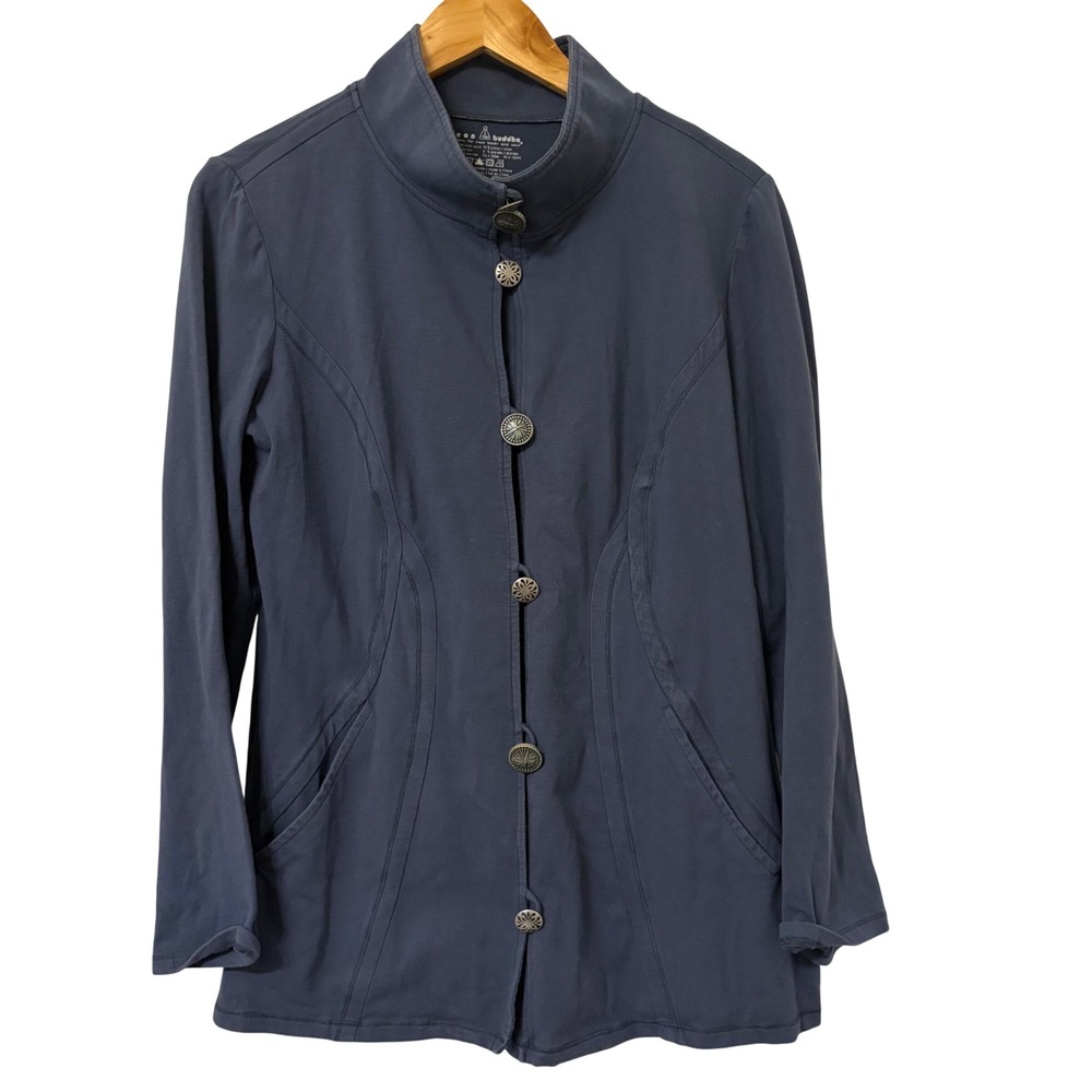 Neon Buddha Womens Navy Blue Cotton Blend Pleated Back Button Up Jacket Small